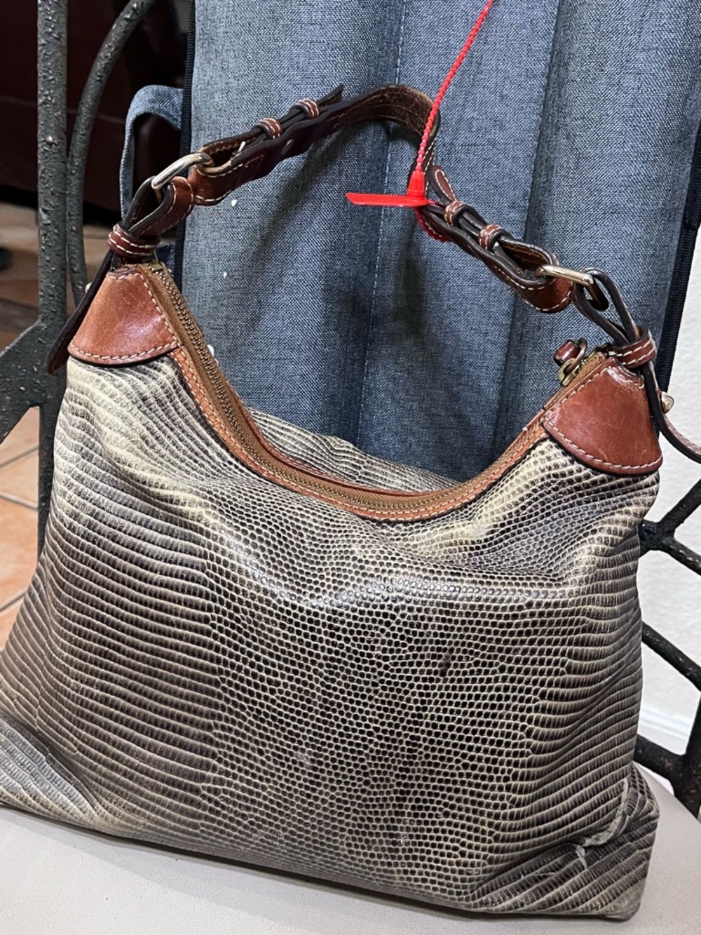Dooney & Bourke Brown Lizard-Embossed Shoulder Hobo with Tan Trim; 

Corner wear - Picture 3 of 3